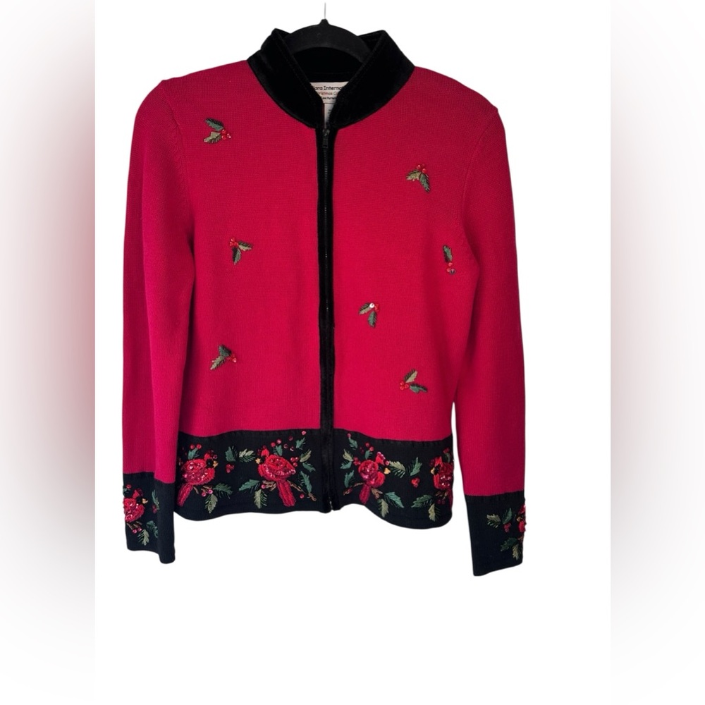 Tiara International Christmas Collection Red Cardinal Beaded Zip Front‎ Size S